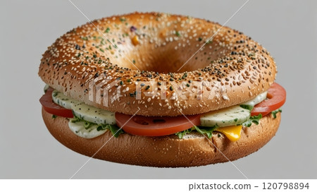 A delicious bagel topped with sesame seeds, filled with slices of fresh tomato, crisp lettuce, and creamy cheese, making for a visually enticing and tasty meal. 120798894