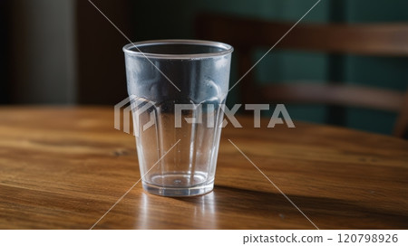 An empty clear glass sits on a rustic wooden table, glistening with drops of moisture. An empty clear glass sits on a rustic wooden table, glistening with drops of moisture. 120798926