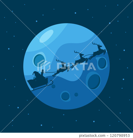 Silhouette of Santa Claus and his reindeer sleigh against the moon. 120798953