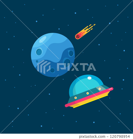 UFO escape from blue planet. Meteor impact on blue planet. 120798954