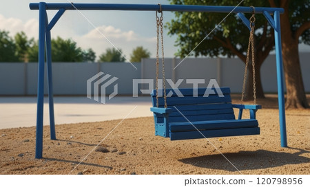 A vibrant blue swing hanging from a sturdy frame in a sandy playground, surrounded by greenery and soft sunlight, inviting relaxation and play. 120798956
