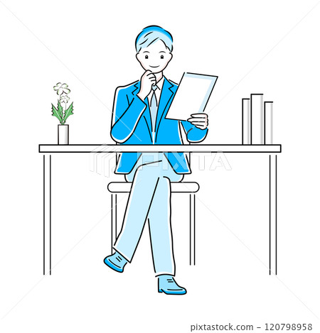一位商人在辦公桌上檢查文件的插圖 一位商人在辦公桌上檢查文件的插圖 120798958