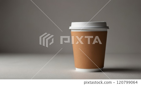 Stylish brown disposable coffee cup on minimalist background Stylish brown disposable coffee cup on minimalist background 120799064
