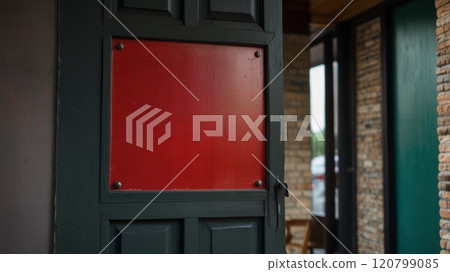 A close-up of a green wooden door featuring a red panel, highlighting its rustic charm and sturdy design, set against a backdrop of a brick wall and another green door A close-up of a green wooden door featuring a red panel, highlighting its rustic charm and sturdy design, set against a backdrop of a brick wall and another green door 120799085
