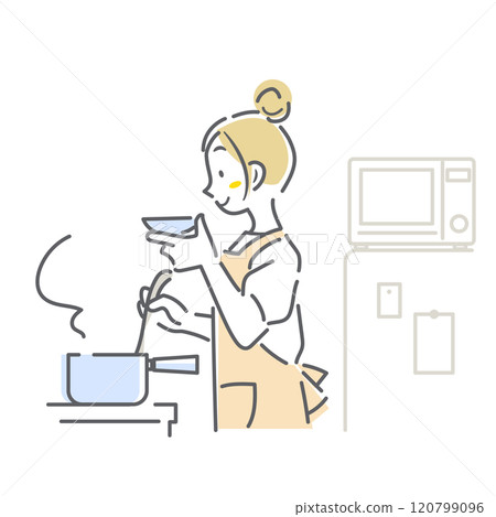 一個女人一邊做飯一邊品嚐食物 — 簡單而時尚的線條畫插圖 一個女人一邊做飯一邊品嚐食物 — 簡單而時尚的線條畫插圖 120799096