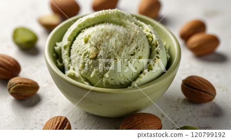 A creamy scoop of pistachio ice cream is served in a pale bowl, surrounded by scattered almonds, creating a rich and inviting dessert presentation 120799192