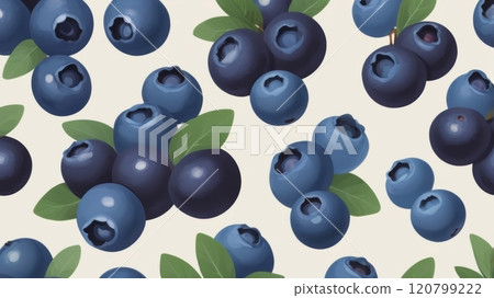 Vivid blueberry and green leaves pattern on light background. Design for greeting card, cover, poster, wallpaper, packaging. 120799222