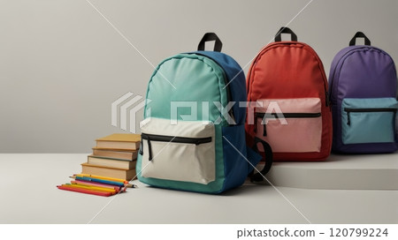 A trio of colorful backpacks in teal, red, and purple, alongside stacked books and colored pencils, creating a vibrant back-to-school atmosphere on a clean surface 120799224