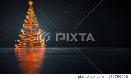 A glowing orange spiral Christmas tree with a star on top stands elegantly against a dark background, softly shimmering to evoke a festive and joyful holiday mood 120799226