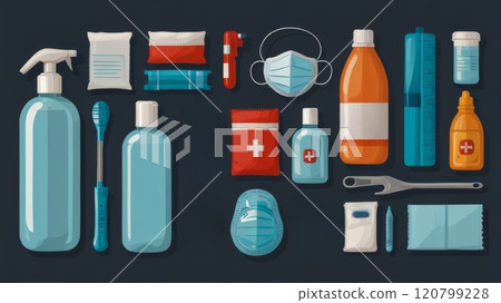 A collection of health and cleaning supplies including bottles, masks, first aid and tools set against a dark background emphasizing hygiene and safety 120799228