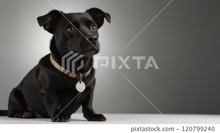 A curious black dog sits gracefully against a soft gray background, wearing a playful collar, showcasing its expressive eyes and adorable features. A curious black dog sits gracefully against a soft gray background, wearing a playful collar, showcasing its expressive eyes and adorable features. 120799240