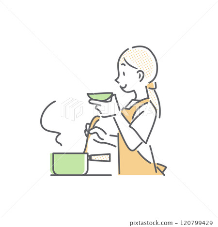 一個女人一邊做飯一邊品嚐食物 — 簡單而時尚的線條畫插圖 一個女人一邊做飯一邊品嚐食物 — 簡單而時尚的線條畫插圖 120799429