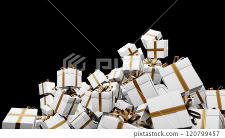 White gift boxes with gold ribbons falling on black background White gift boxes with gold ribbons falling on black background 120799457