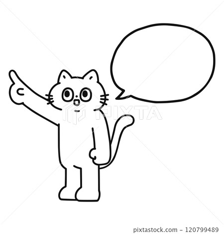 一隻滑稽的貓指向和語音氣泡的線條畫 一隻滑稽的貓指向和語音氣泡的線條畫 120799489