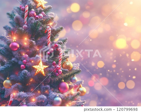 Christmas tree adorned with vibrant ornaments and candy canes against a soft glowing pink bokeh background Christmas tree adorned with vibrant ornaments and candy canes against a soft glowing pink bokeh background 120799698