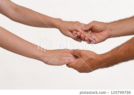 female hands in male hands on a white background close-up. isolate female hands in male hands on a white background close-up. isolate 120799786