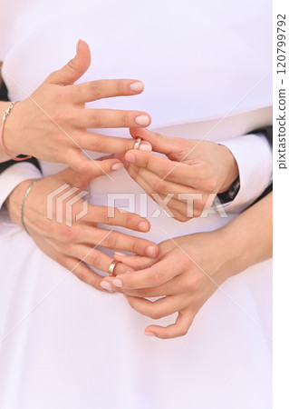 The bride and groom put on wedding rings 120799792