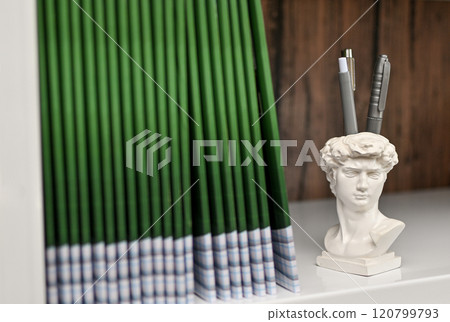 photo books or photo albums and Michelangelo's David head pen holder. 120799793