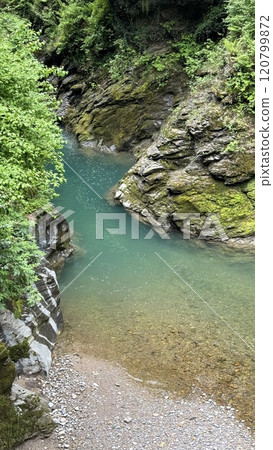Turquoise water in Gorge Near Lake Como in Bellano, Italy 120799872