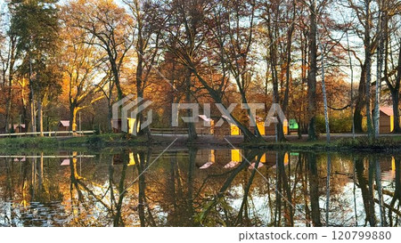 Autumn Reflections with Christmas Market Stalls by the Pond 120799880