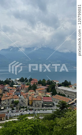 Lake Como and Mountain View with Charming Village Bellano in Italy 120799881