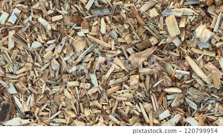 Close-Up View of Natural Wood Chips for Mulch or Fuel 120799954