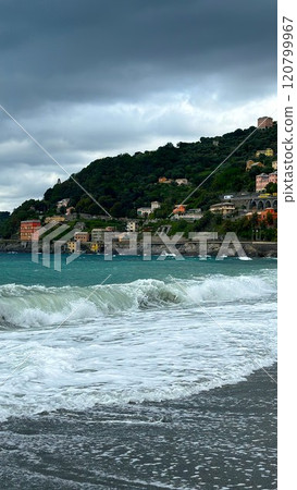 Scenic Coastal Village With Waves Crashing On Shoreline, Genova, Italy 120799967