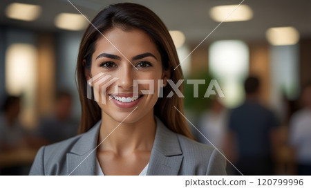 A confident businesswoman smiles warmly in an office setting, wearing a tailored suit, exuding professionalism and approachability amidst a bustling background of colleagues 120799996
