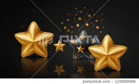 Glittery Gold and Black Star Icons with Floating Sparkling Stars on Dark Background 120800006