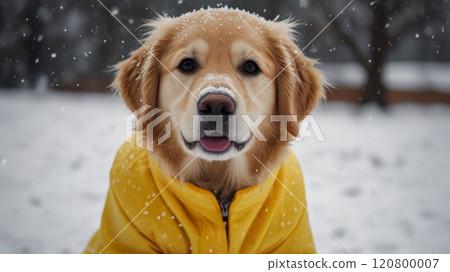 A cheerful golden retriever wearing a bright yellow jacket stands in the snow, his muzzle covered in snowflakes, radiating joy and warmth against a winter landscape. 120800007