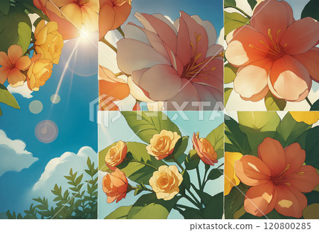 Vibrantly colored flowers bathed in summer sunlight (AI-generated image) 120800285