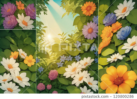 Bright green leaves and flowers bathed in summer sunlight (AI-generated image) Bright green leaves and flowers bathed in summer sunlight (AI-generated image) 120800286