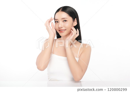 Beautiful young asian woman with clean fresh skin on white background, Face care, Facial treatment, Cosmetology, beauty and spa, Asian women portrait. 120800299
