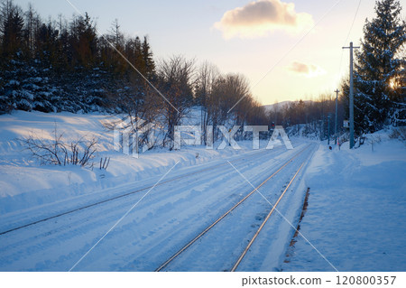 Snow scene at Biei Station in Hokkaido, Japan in winter 120800357