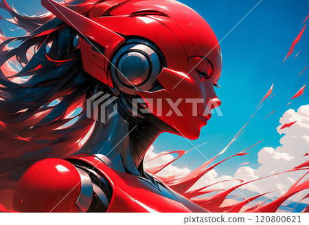 A beautiful android with a bright red body in the near future under a blue sky "AI generated image" 120800621