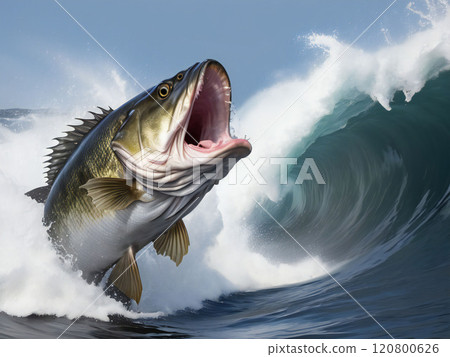 A black bass makes a dynamic jump out of the water. 120800626