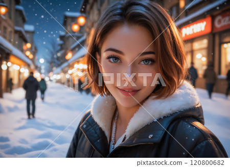 雪夜,微笑的女人站在購物區的街道上“人工智慧生成的圖像” 雪夜,微笑的女人站在購物區的街道上“人工智慧生成的圖像” 120800682