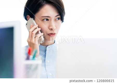 叫與智能手機的女商人 120800815