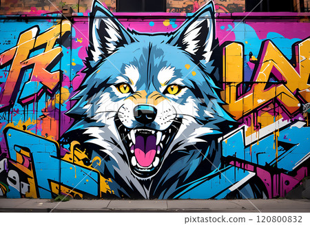 狼張著嘴嚎叫的街頭藝術“AI生成圖像” 120800832