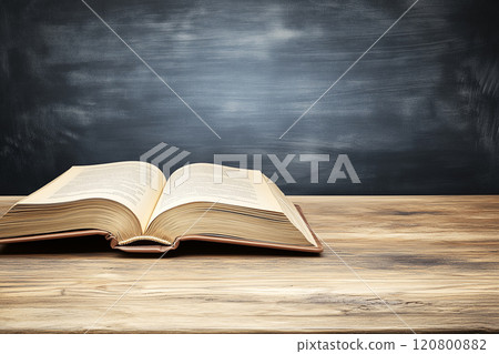 Colorful Books Displayed on a Wooden Table in a Classroom Environment with a Black Chalkboard Background Enhancing Educational Atmosphere Colorful Books Displayed on a Wooden Table in a Classroom Environment with a Black Chalkboard Background Enhancing Educational Atmosphere 120800882