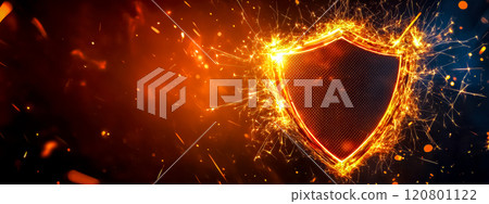 Digital shield protecting against cyber attacks with sparks and fire 120801122