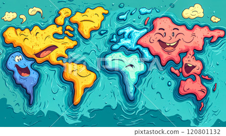Cartoon world map showing continents with funny faces expressing happiness 120801132