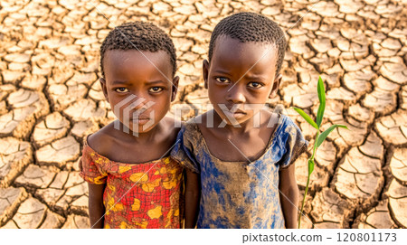 Children holding small plant in dried up fields of burkina faso Children holding small plant in dried up fields of burkina faso 120801173