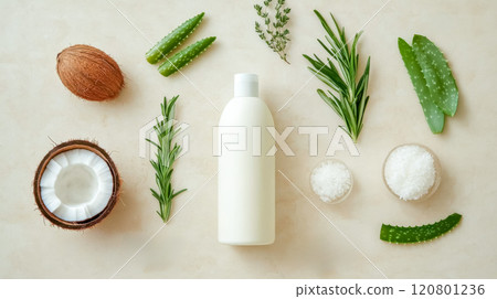 Eco friendly hair care product surrounded by natural ingredients promoting sustainability Eco friendly hair care product surrounded by natural ingredients promoting sustainability 120801236