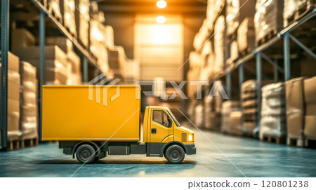 Yellow delivery truck arriving at warehouse logistics center Yellow delivery truck arriving at warehouse logistics center 120801238