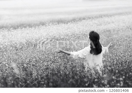 Woman with arms wide open in joy, moved by beautiful natural scenery in a peaceful flower field, relaxation, peace and happiness Woman with arms wide open in joy, moved by beautiful natural scenery in a peaceful flower field, relaxation, peace and happiness 120801406