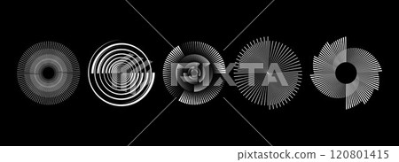 Radial spinning spiral pattern set. Circular speed lines form collection. Rotating circle sound wave concepts. Abstract sunburst ray and beam design element for icon, badge, logo, tag, label. Vector 120801415