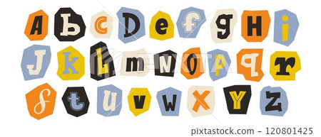 Cut out paper alphabet collection. Colored different letter collage set. Cute craft doodle kid font elements bundle for decoration, poster, banner, print. Ransom blackmail style abc pack. Vector 120801425