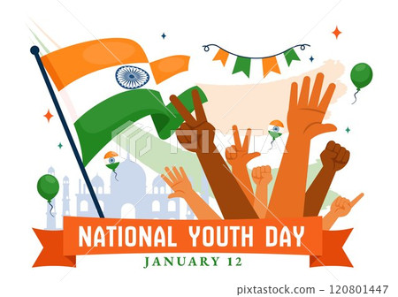 Happy International Youth Day in India Vector Illustration Celebrating 12 January with an Indian Waving Flag in a Flat Style Cartoon Background 120801447