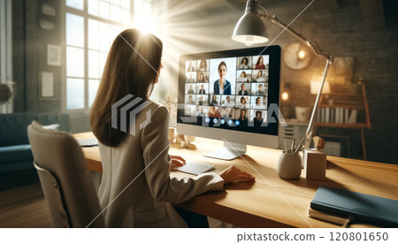 Female professional engaged in a virtual meeting, depicted with hyper-realistic detail in a brightly lit office. The setting includes a minimalist white desk, vibrant greenery, and abstract art Female professional engaged in a virtual meeting, depicted with hyper-realistic detail in a brightly lit office. The setting includes a minimalist white desk, vibrant greenery, and abstract art 120801650